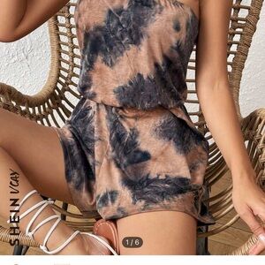 SHEIN VCay Tie-Dye Strapless Romper shorts XS black brown tan comfy pull on